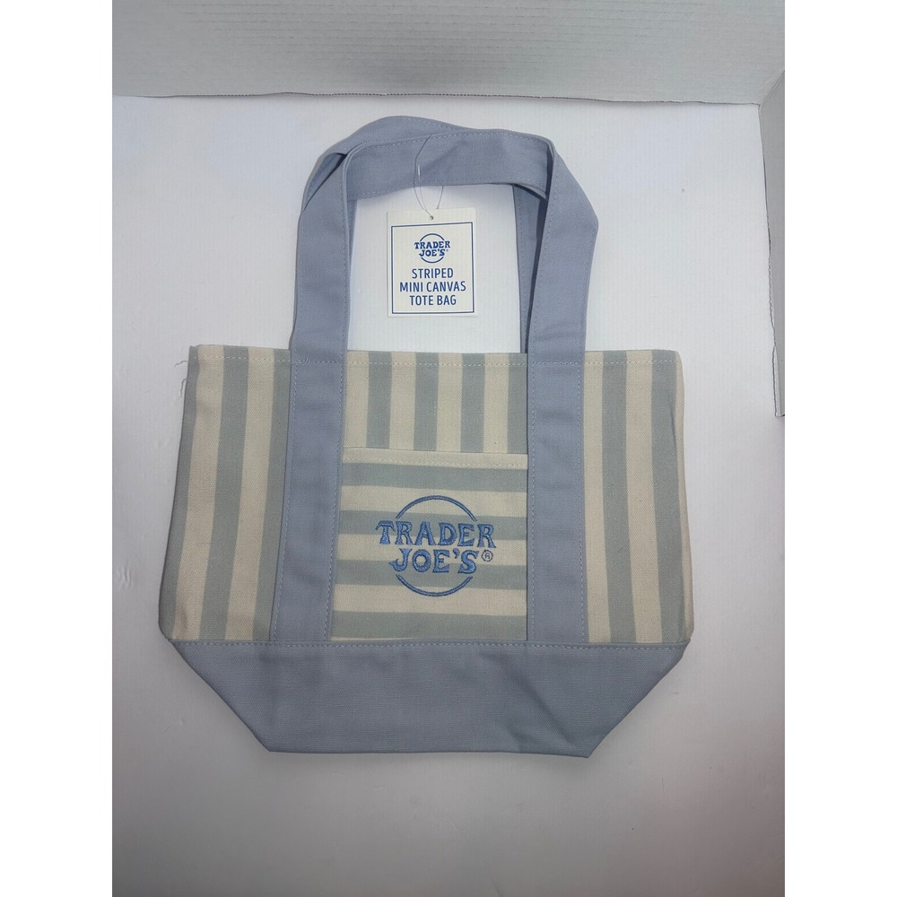 Trader Joe's Striped Mini Canvas Tote Bag Light Blue Reusable Bag NWT